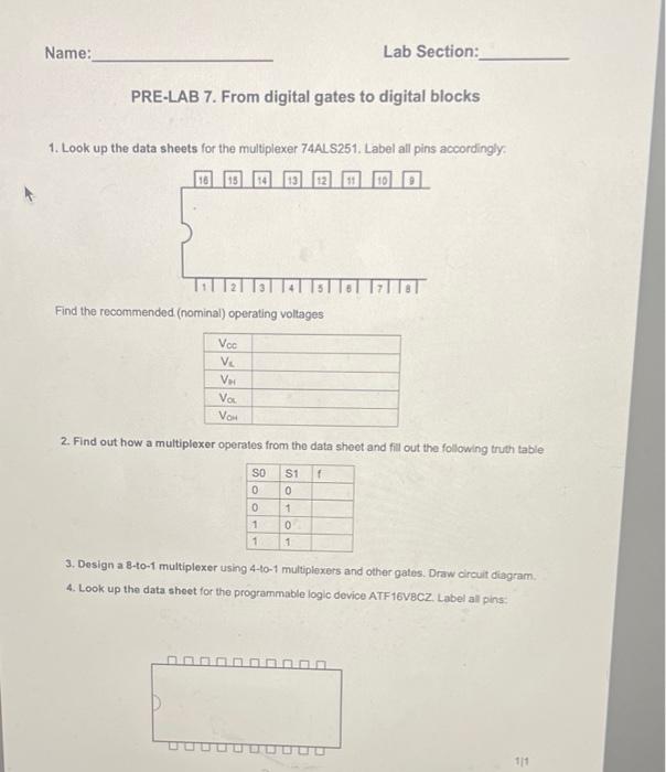 Solved Name: Lab Section: PRE-LAB 7. From digital gates to | Chegg.com