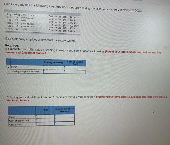 Gale Company has the following inventory and purchases during the fiscal year ended December 31, 2020.
Beginning Inventory
Fe