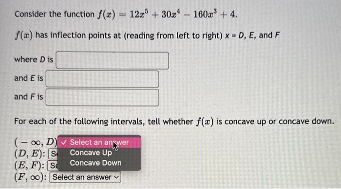 Solved Consider the function f(x)=12x5+30x4−160x3+4. f(x) | Chegg.com