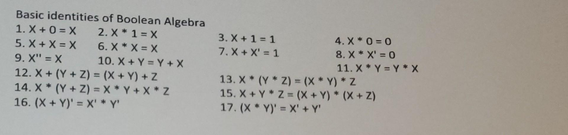 Solved Basic identities of Boolean Algebra 1. x+0=x 5. x+x=x | Chegg.com