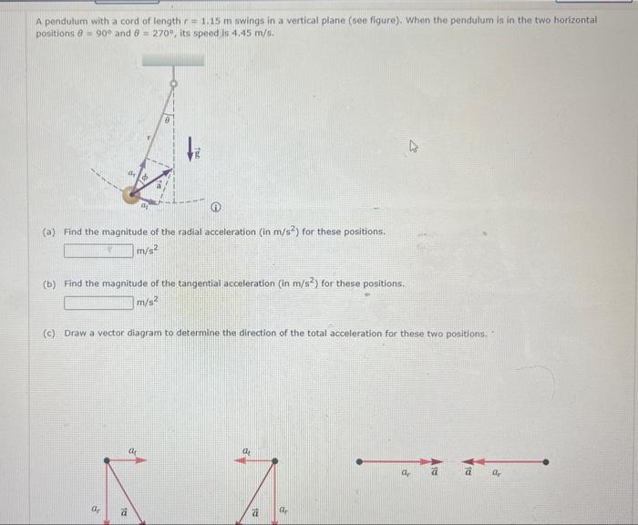 Solved A pendulum with a cord of length r=1.15 m swings in a | Chegg.com
