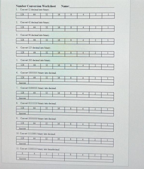 Solved Number Conversion Worksheet Name: 1 Conset 12 decimal | Chegg.com