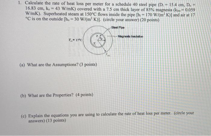 Solved 1. Calculate the rate of heat loss per meter for a | Chegg.com