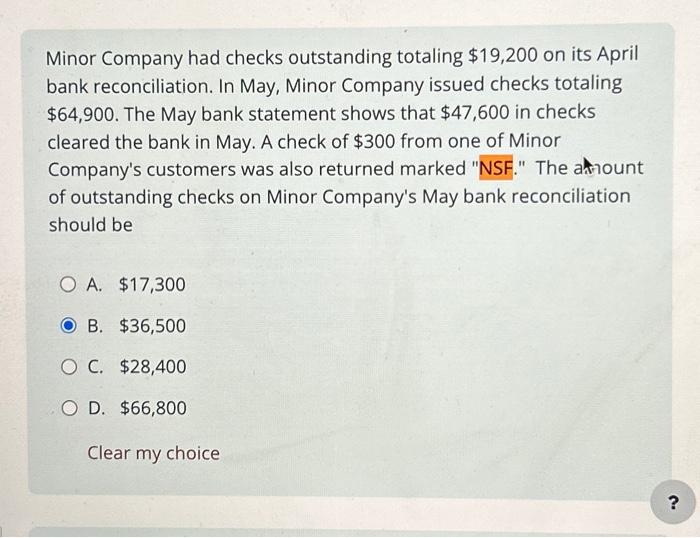 Solved Minor Company had checks outstanding totaling 19,200