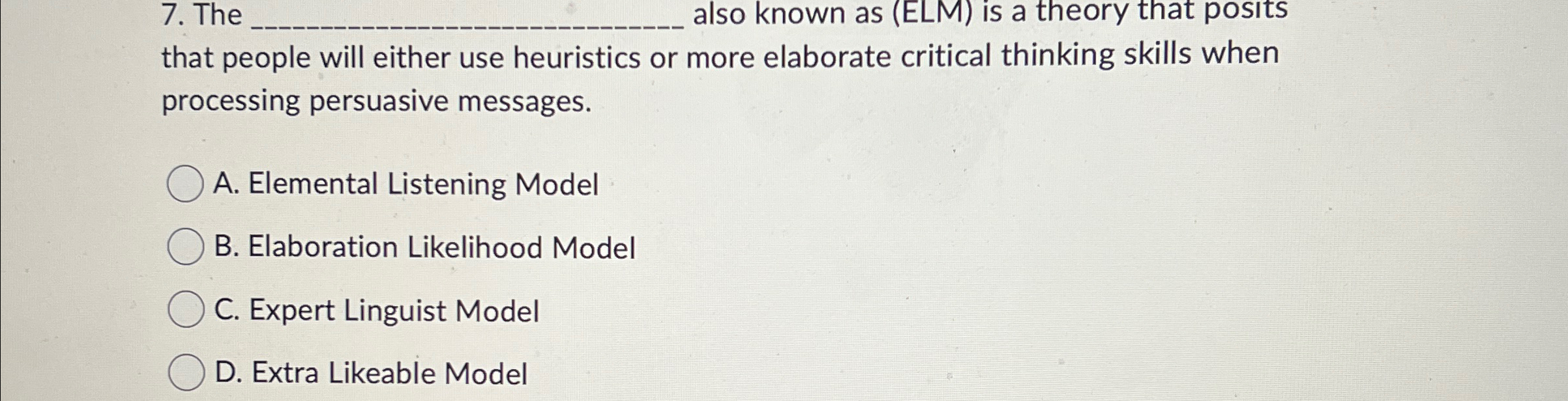 Solved The q, ﻿also known as (ELM) ﻿is a theory that posits | Chegg.com