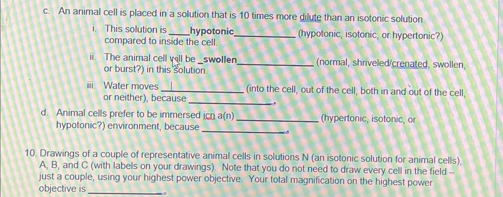 Solved c. ﻿An animal cell is placed in a solution that is 10 | Chegg.com
