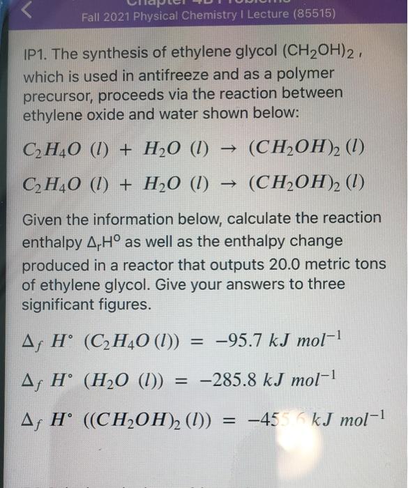 Solved Fall 2021 Physical Chemistry I Lecture (85515) IP1. | Chegg.com