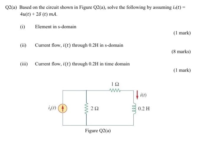 Q2(a) Based on the circuit shown in Figure Q2(a), solve the following by assuming is(t) =
4u(t) + 28 (t) mA.
(i)
Element in s