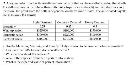 Solved 2. A toy manufacturer has three different mechanisms