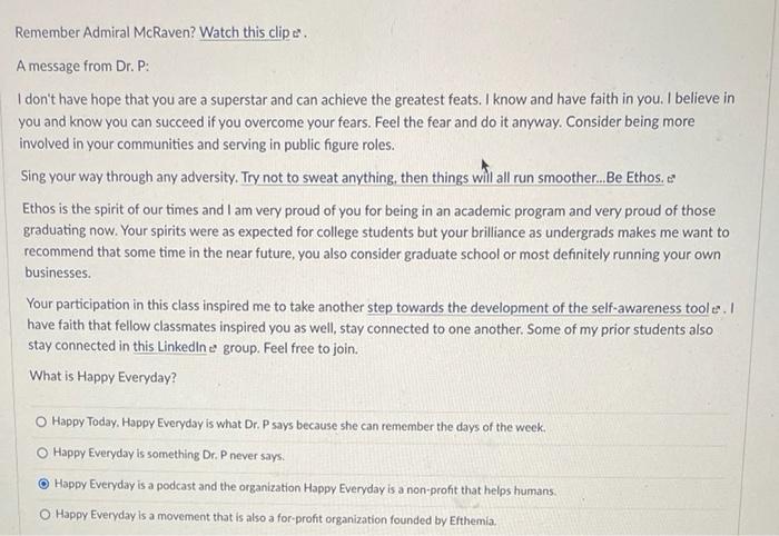 Solved Remember Admiral Mcraven Watch This Clipe A Message Chegg Com