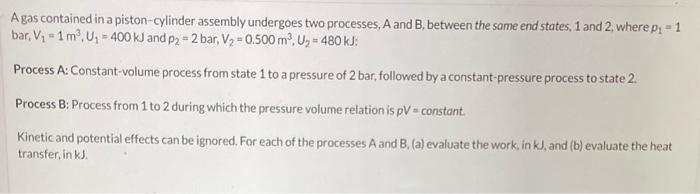 A gas contained in a piston-cylinder assembly undergoes two processes, A and B, between the some end states, 1 and 2 , where