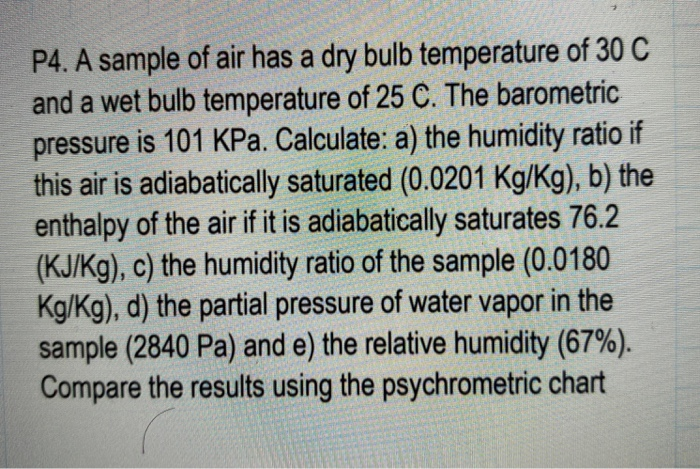 Solved P4 A Sample Of Air Has A Dry Bulb Temperature Of 30 1075