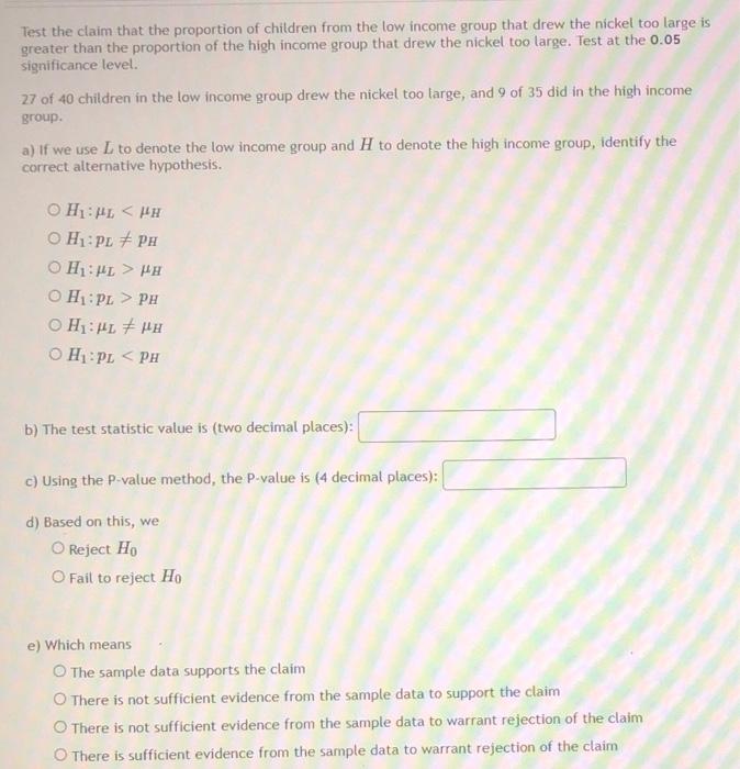 Solved Test the claim that the proportion of children from | Chegg.com