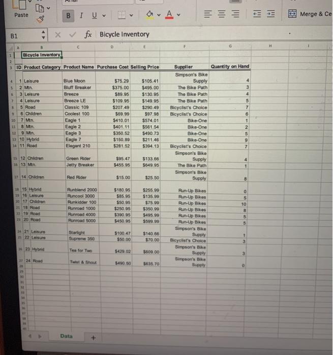 Solved Question 9 Questions In the Excel file Bicycle | Chegg.com