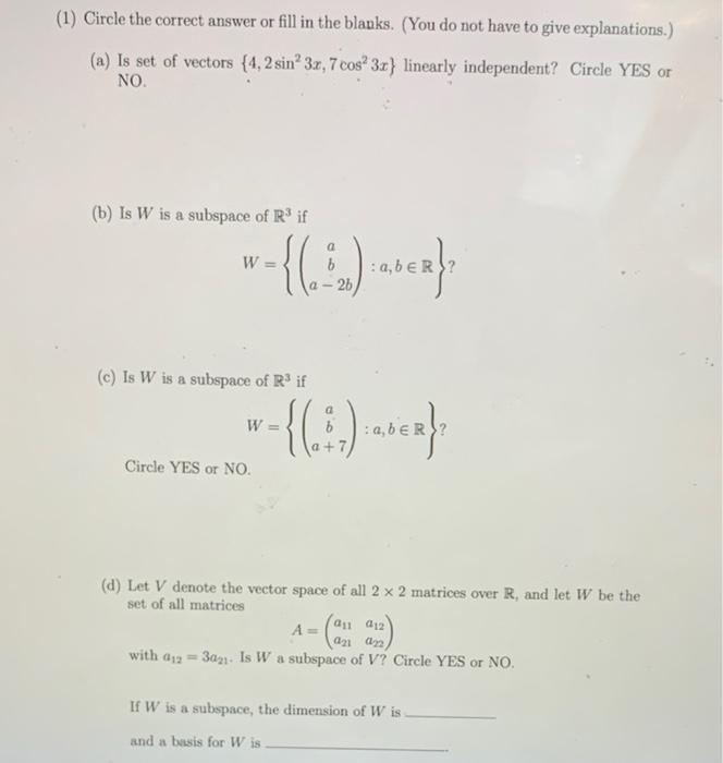 Solved (1) Circle the correct answer or fill in the blauks. | Chegg.com
