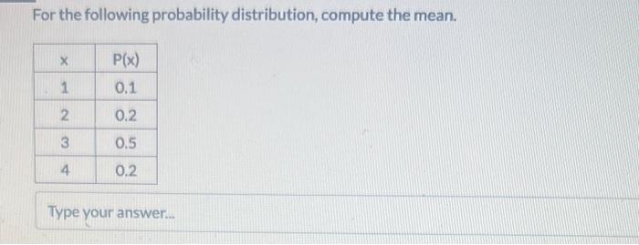 Solved For the following probability distribution, compute | Chegg.com