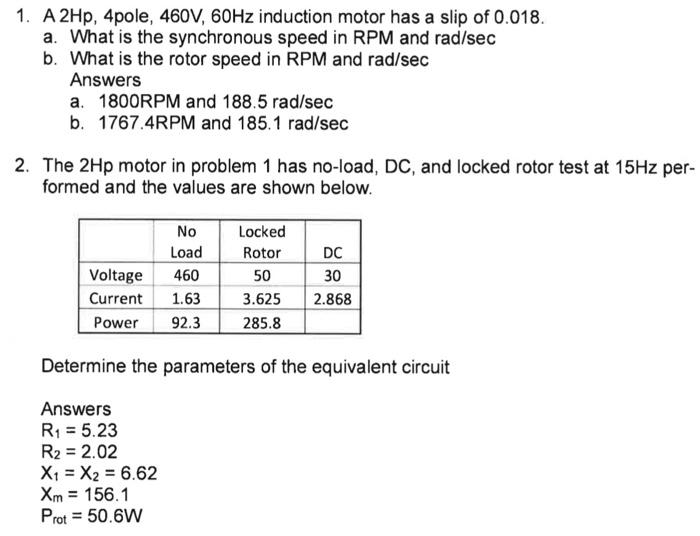 Solved 1. A 2Hp,4 pole, 460 V,60 Hz induction motor has a | Chegg.com