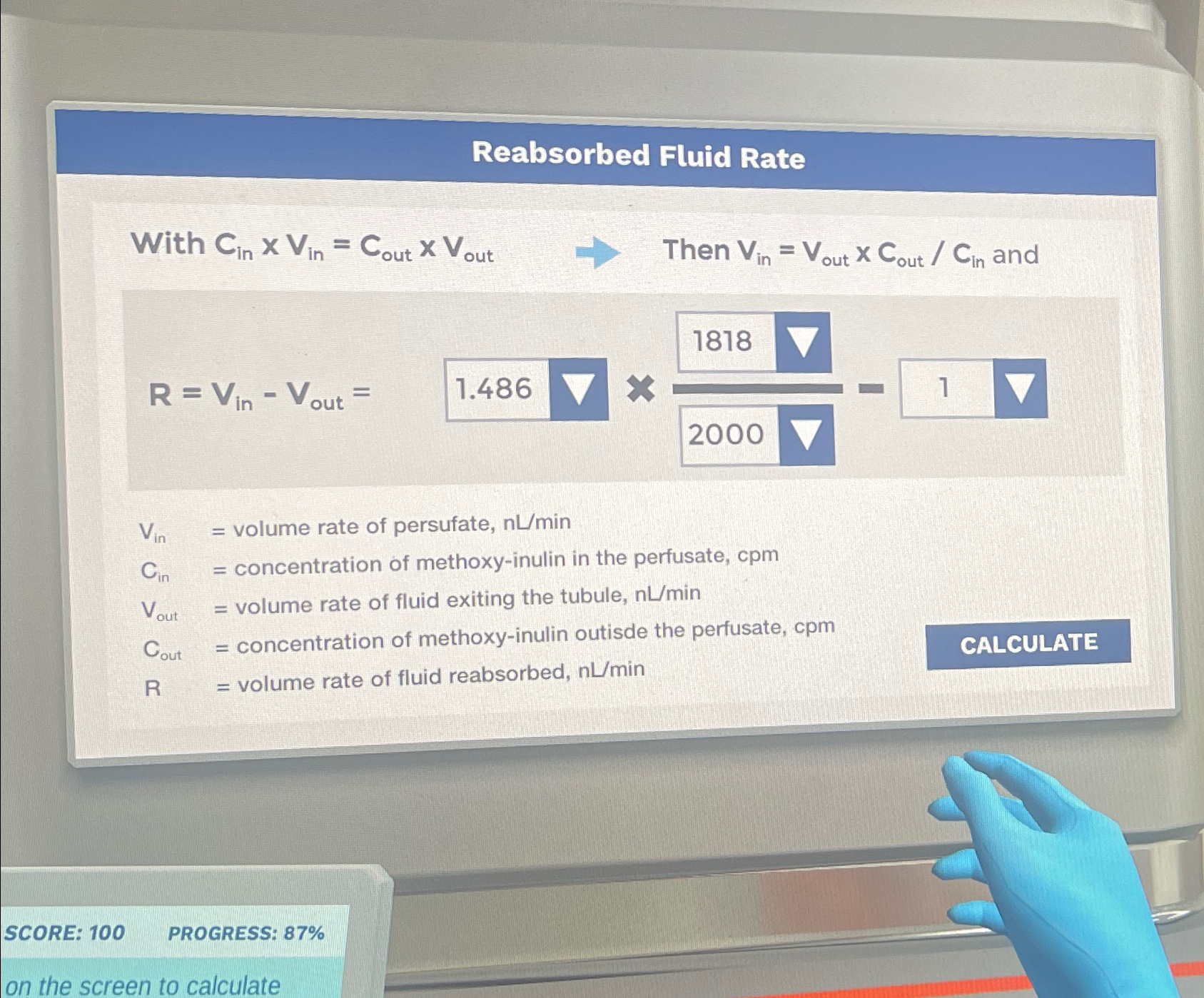 Solved Reabsorbed Fluid RateWith Cin ×Vin =Cout ×Vout Then