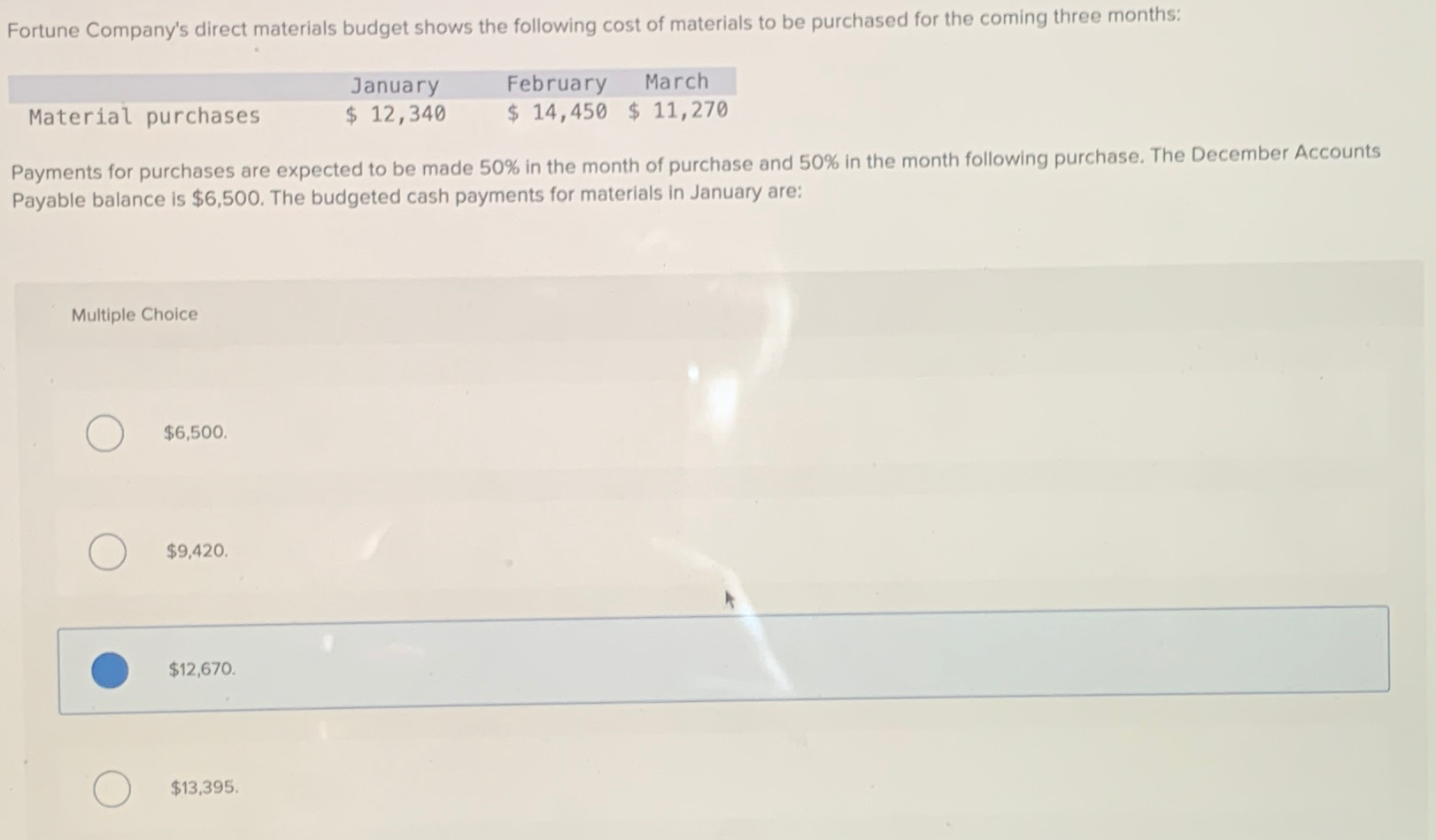 Solved Fortune Company's direct materials budget shows the