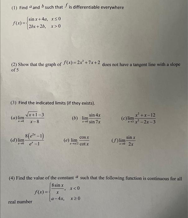 Solved (1) Find A And B Such That Fis Differentiable | Chegg.com