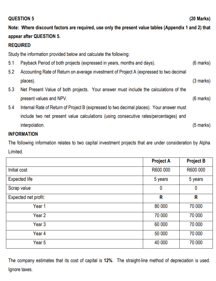 Solved QUESTION 5 (20 Marks) Note: Where Discount Factors | Chegg.com