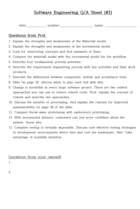 Solved Software Engineering Q/A Sheet (#3) number date: | Chegg.com