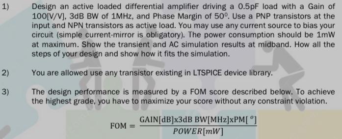 Solved Design an active loaded differential amplifier | Chegg.com