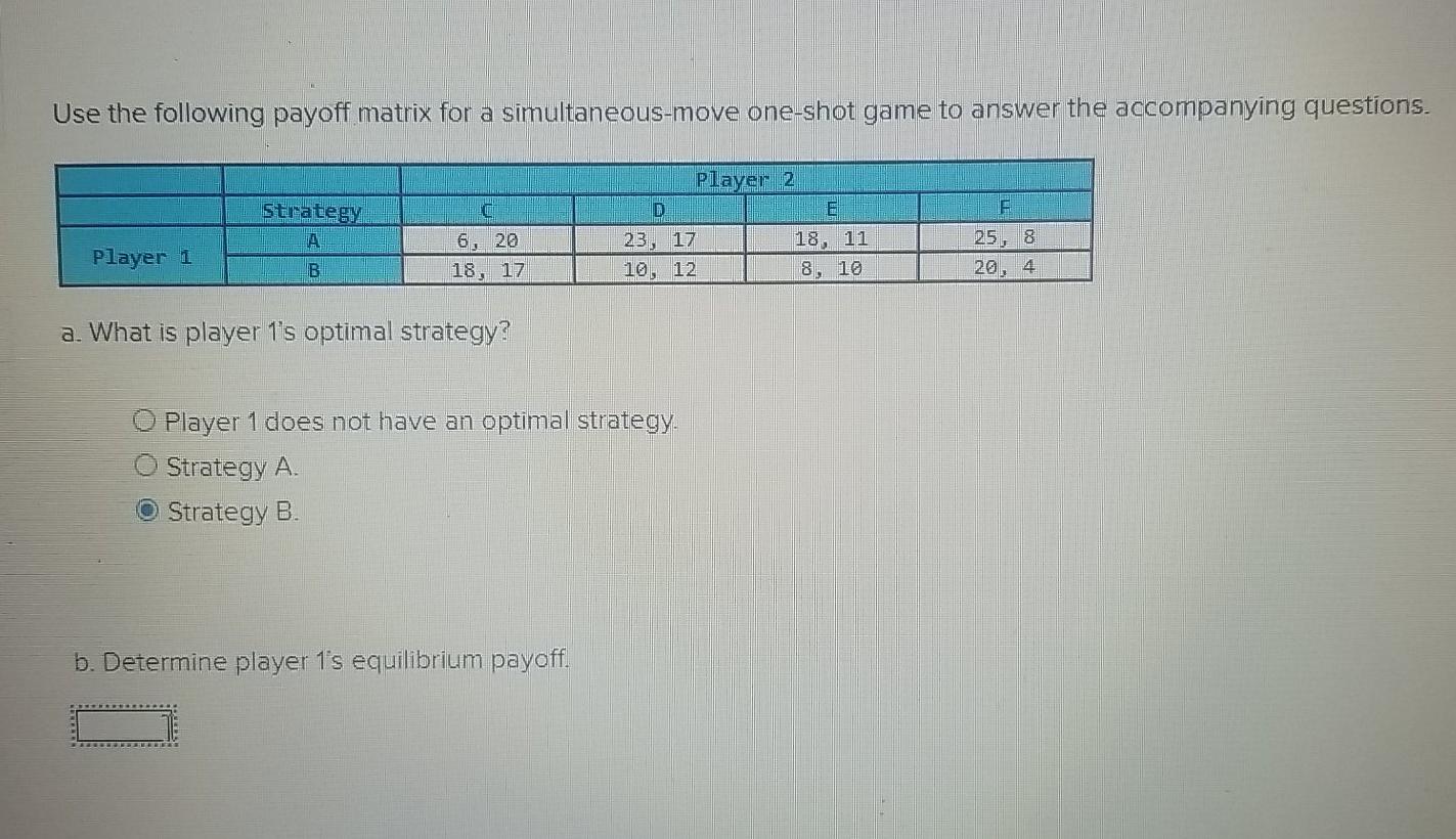 Solved Use the following payoff matrix for a | Chegg.com