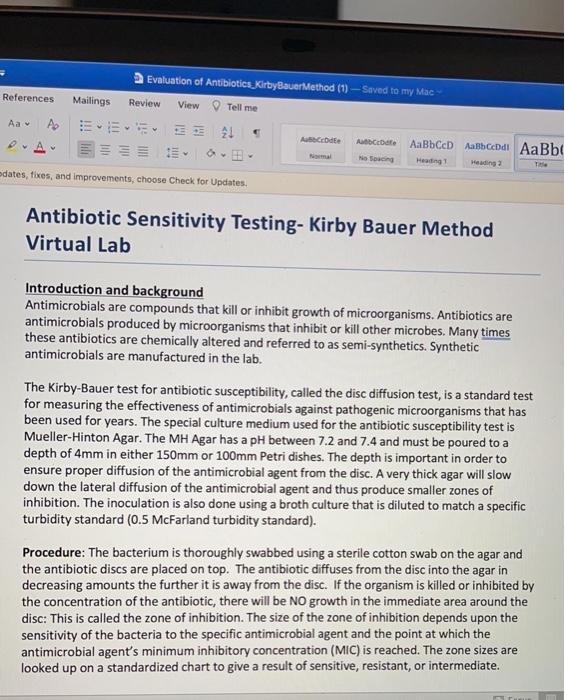 Evaluation of Antibiotics Kirby Bauer Method (1) - Saved to my Mac References Mailings Review View Tell me Aa AO DE Abecede A