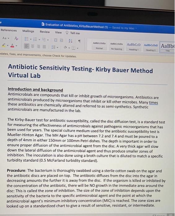 Solved Evaluation of Antibiotics Kirby Bauer Method (1) - | Chegg.com