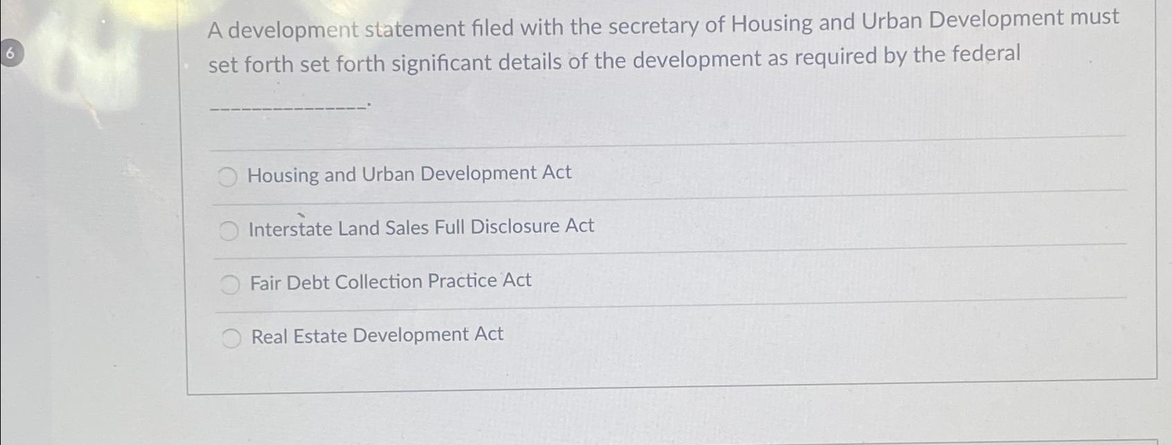 Solved A development statement filed with the secretary of