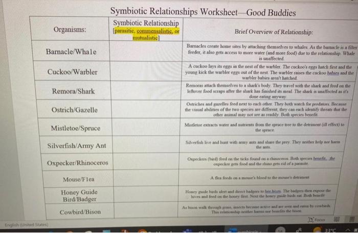 Symbiotic Relationships Worksheet Good Buddies Chegg com