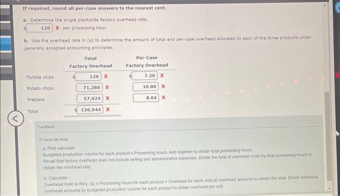 If required, round all per-case answers to the nearest cent.
a. Determine the single plantwide factory overhead rate.
\( X \)