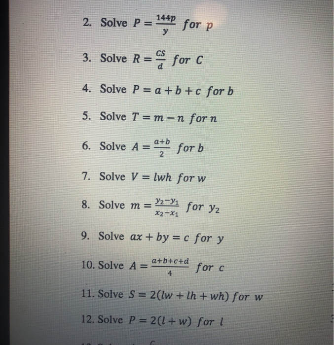 Solved 2. Solve P 14 4for p 3. Solve Races for c 4. Solve