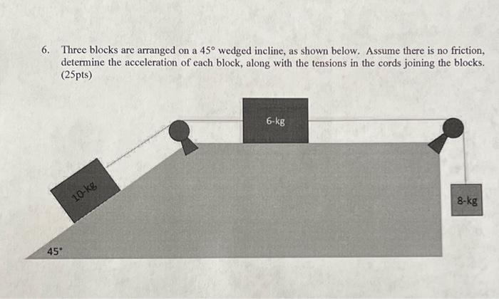 Solved 6. Three blocks are arranged on a 45∘ wedged incline, | Chegg.com