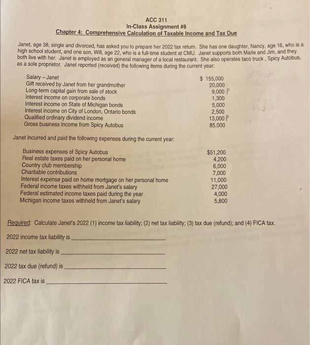 Solved ACC 311 In-Class Assignment #8 Chapter 4: | Chegg.com
