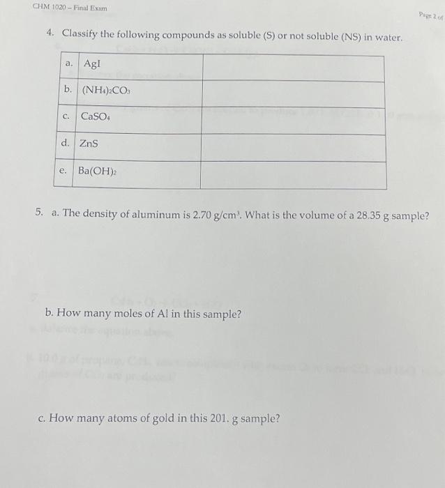 [Solved] CHM 1020 Final Exam 4. Classify the following comp