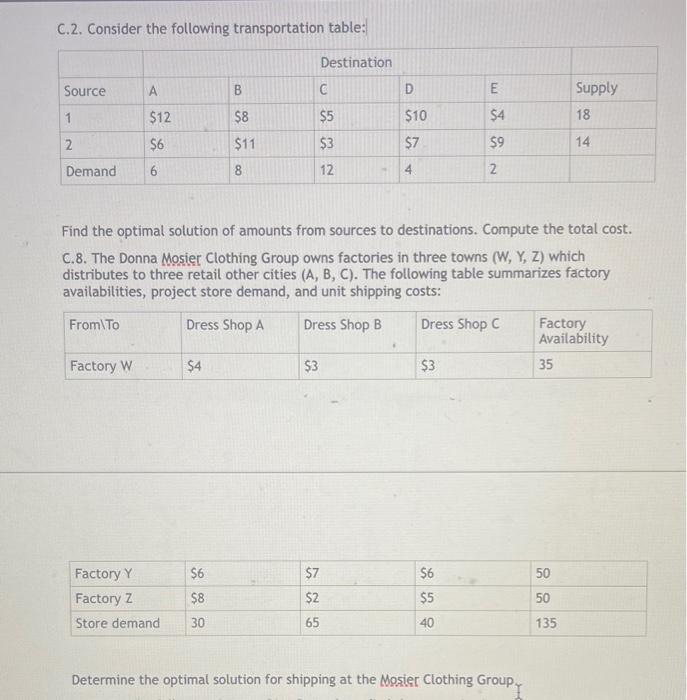 Solved C.2. Consider the following transportation table: | Chegg.com