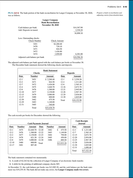 Problems: set a 8-43 prepare a breconciliation and adjusting entries from derailed p8.5a (lo3) the bank portion of the bank r