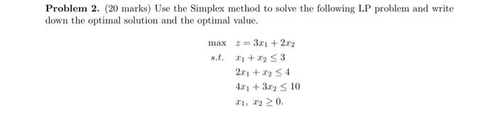Solved max Problem 2. (20 marks) Use the Simplex method to | Chegg.com