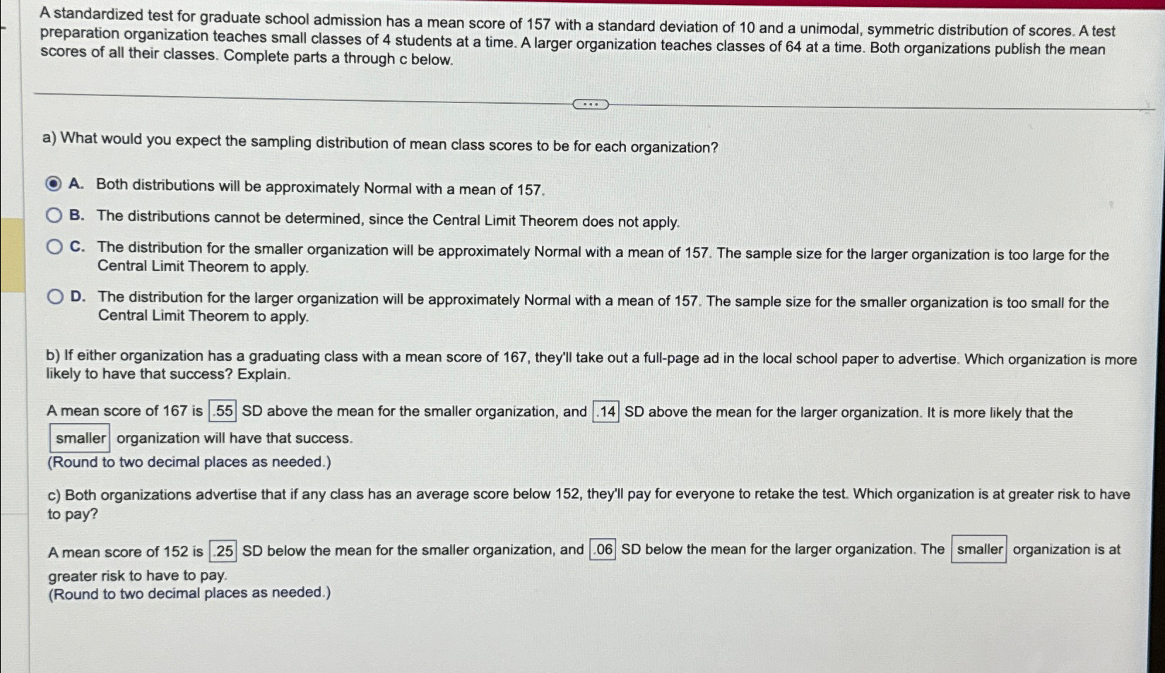 Solved A standardized test for graduate school admission has | Chegg.com