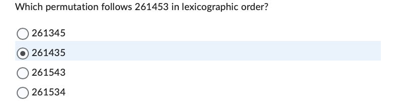 Solved Which permutation follows 261453 ﻿in lexicographic | Chegg.com
