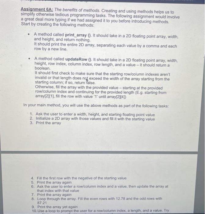 Solved Assignment 6A: The benefits of methods. Creating and | Chegg.com
