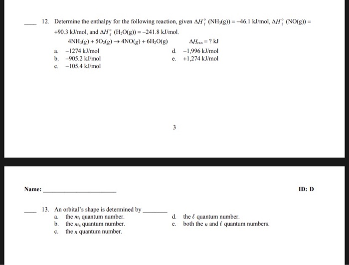 Solved (NO(g)) = 12. Determine The Enthalpy For The | Chegg.com