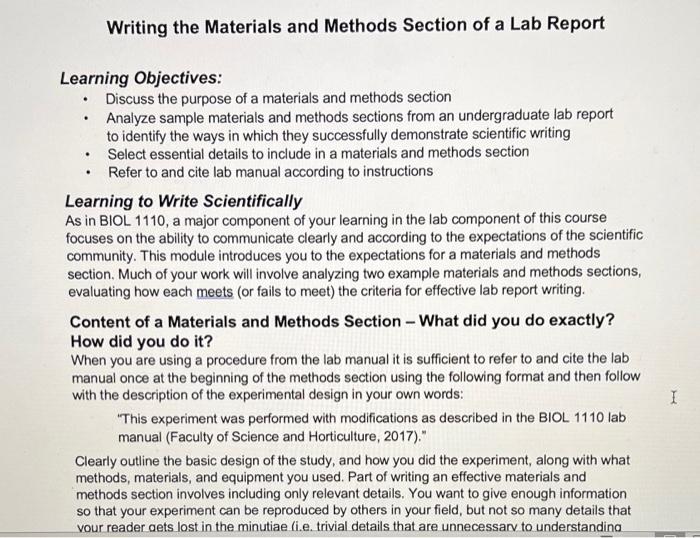 Solved Writing the Materials and Methods Section of a Lab | Chegg.com