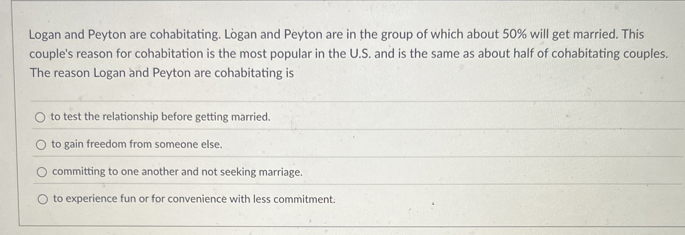 Solved Logan and Peyton are cohabitating. Logan and Peyton