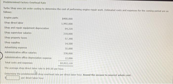 Solved Predetermined Factory Overhead Rate Turbo Shop uses | Chegg.com