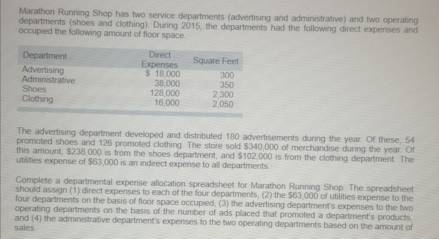 Solved Marathon Running Shop has two service departments | Chegg.com