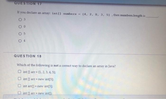 Solved QUESTION 17 If you declare an array: int[] numbers - | Chegg.com