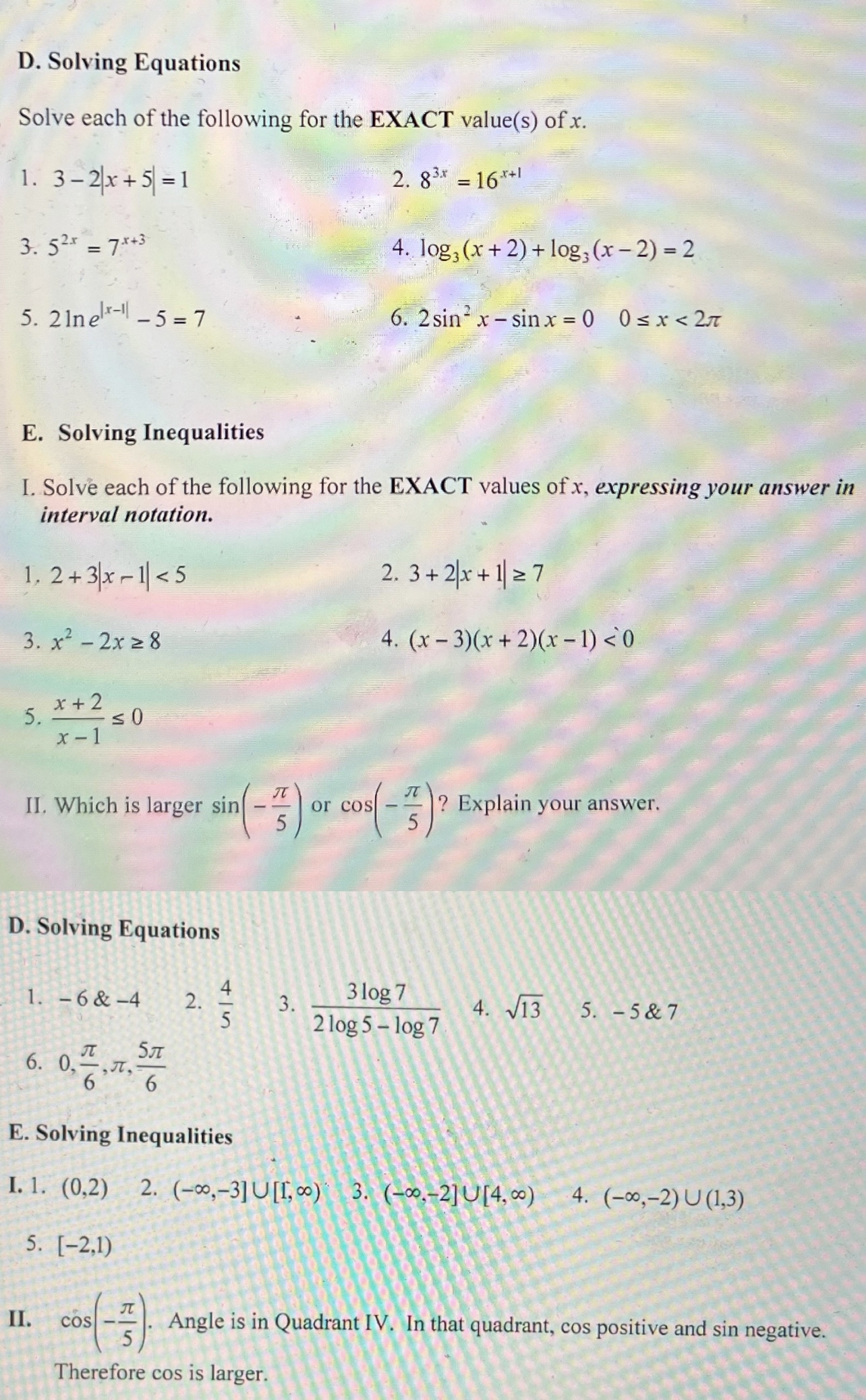 Solved D. ﻿Solving EquationsSolve each of the following for | Chegg.com